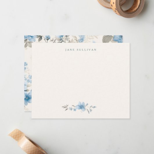 Artistieke lichte pastelblauwe Rozen Notitiekaartje (Voorkant / Achterkant in situ)