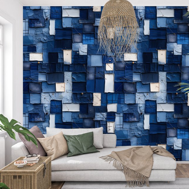 Artistieke marine blauw indigo collage papier text behang (Artistic navy blue indigo collage paper texture wallpaper)