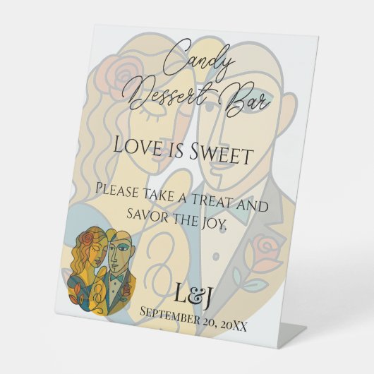 Artistieke moderne silhouet bruiloftscandy dessert reclamebord met voetstuk (Voorkant)