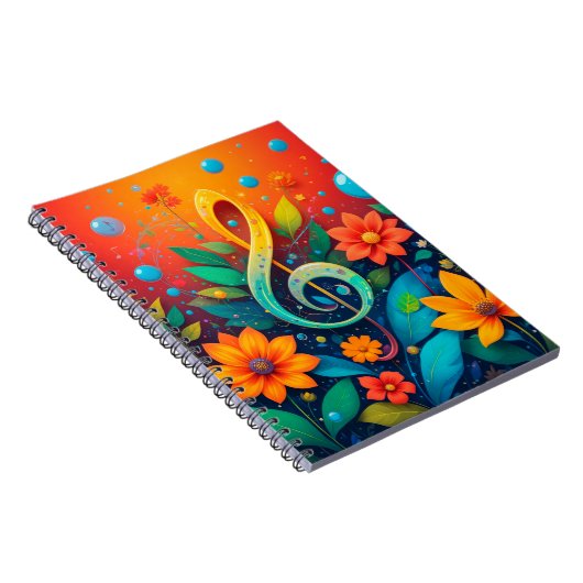 Artistieke muzieknoot omgeven door kleurrijke bloe notitieboek (Rechterzijde)