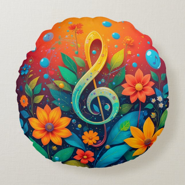 Artistieke muzieknoot omgeven door kleurrijke bloe rond kussen (Voorkant)
