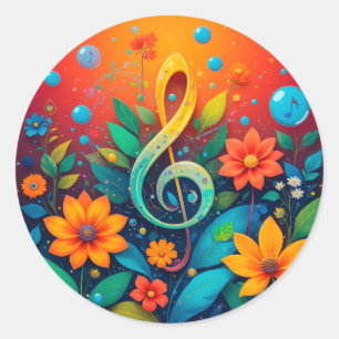 Artistieke Muzieknoot Omringd Door Kleurrijke Bloe Ronde Sticker