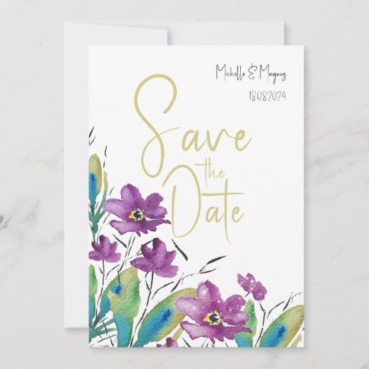 Artistieke Paarse Turquoise Wildflower Waterverf Save The Date (Voorkant)