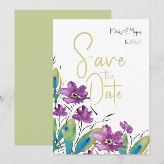 Artistieke Paarse Turquoise Wildflower Waterverf Save The Date (Voorkant / Achterkant)