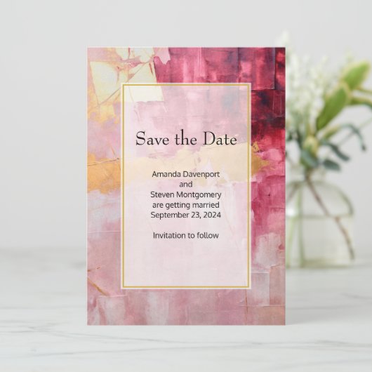 Artistieke penseelstreken Gouden Roze Bruiloft Save The Date (Staand voorkant)