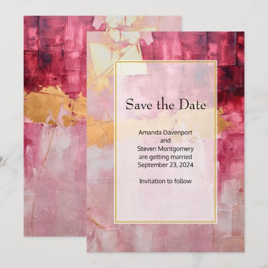 Artistieke penseelstreken Gouden Roze Bruiloft Save The Date (Voorkant / Achterkant)