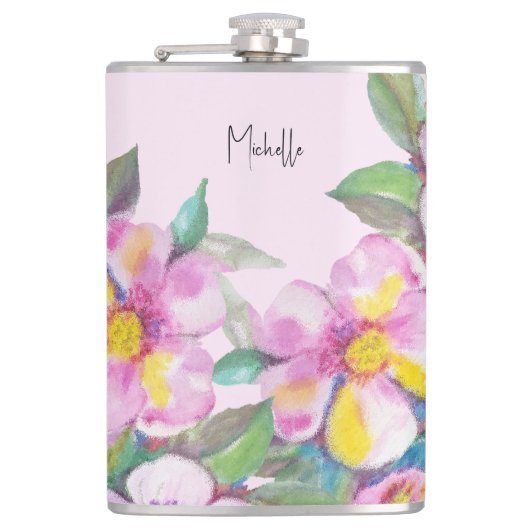 Artistieke Perzikbloesems Aquarel Gepersonaliseerd Heupfles (Voorkant)