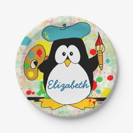 Artistieke pinguïnschilder personaliseren papieren bordje (Voorkant)