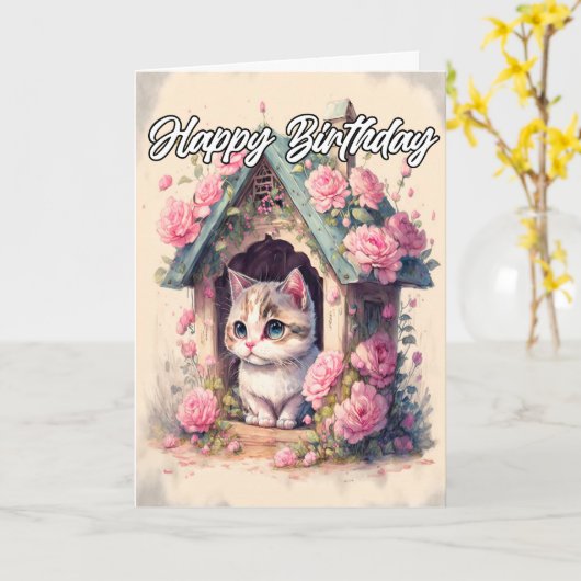 Artistieke poserende baby kat illustratie kaart (Gele Bloem)