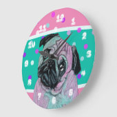 Artistieke Pug Dog in roze en groene turquoise Grote Klok (Hoek)
