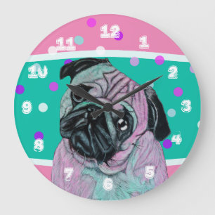 Artistieke Pug Dog in roze en groene turquoise Grote Klok