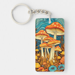 Artistieke Retro Mushroom Forest Illustratie Sleutelhanger