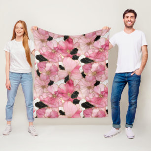 Artistieke Roze Bloemen Zwarte Inkt Abstract Fleece Deken