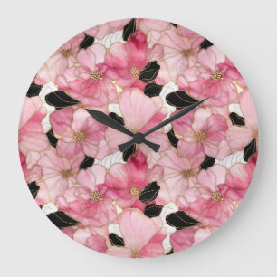 Artistieke Roze Bloemen Zwarte Inkt Abstract Grote Klok