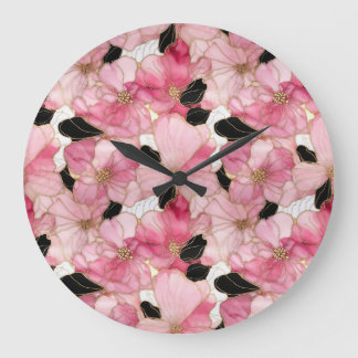 Artistieke Roze Bloemen Zwarte Inkt Abstract Grote Klok