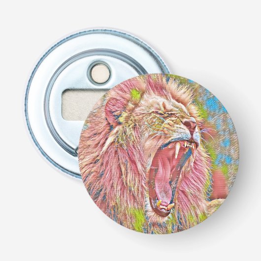 Artistieke roze brullende leeuw button flesopener (Voorkant)