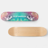 Artistieke roze Turquoise Waterverf Wolf Monogram Persoonlijk Skateboard (Horizontaal)