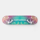 Artistieke roze Turquoise Waterverf Wolf Monogram Persoonlijk Skateboard (Horizontaal)