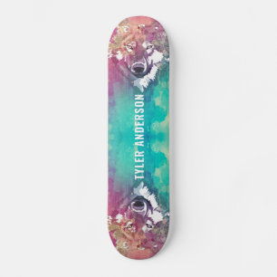 Artistieke roze Turquoise Waterverf Wolf Monogram Persoonlijk Skateboard