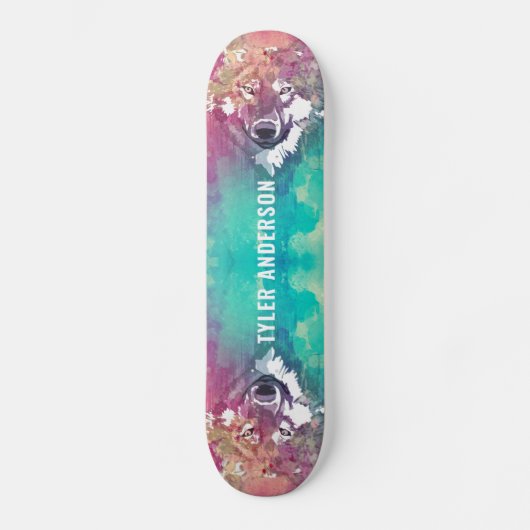 Artistieke roze Turquoise Waterverf Wolf Monogram Persoonlijk Skateboard (Voorkant)