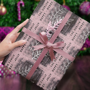 Artistieke Roze Witte Tak Familie Kerstmis Cadeaupapier
