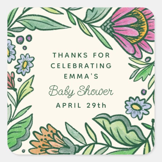 Artistieke Scandinavische Volkse Bloemige Baby Sho Vierkante Sticker (Voorkant)