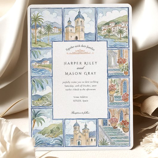 Artistieke Sitges Spanje Tegel Waterverf bruiloft Kaart