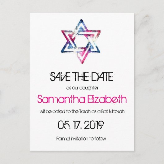Artistieke ster van David Bar Bat Mitswa Save The  Aankondigingskaart (Voorkant)