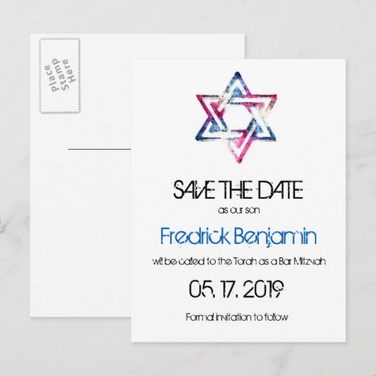 Artistieke ster van David Bar Bat Mitswa Save The  Aankondigingskaart (Voorkant / Achterkant)