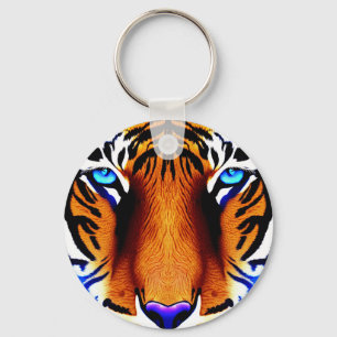 Artistieke Tijger Kat Gezicht Hoofd Leuk Dier Blau Sleutelhanger