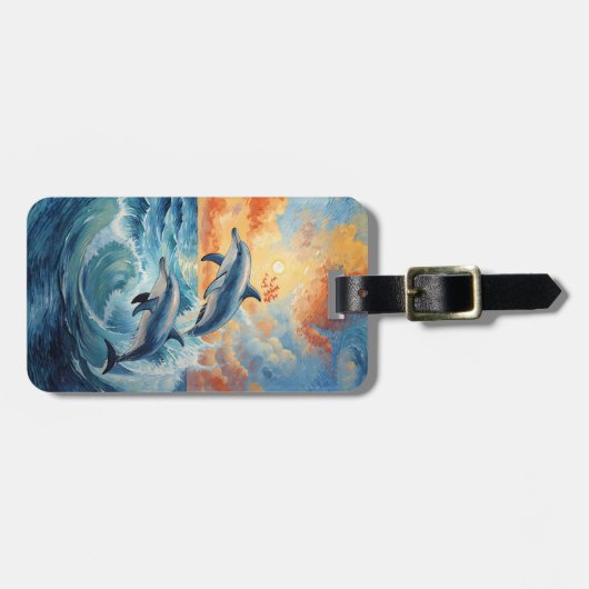 Artistieke Twee Jumping Dolfijnen Sunset Ocean Bagagelabel (Voorkant horizontaal)