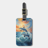 Artistieke Twee Jumping Dolfijnen Sunset Ocean Bagagelabel (Voorkant verticaal)