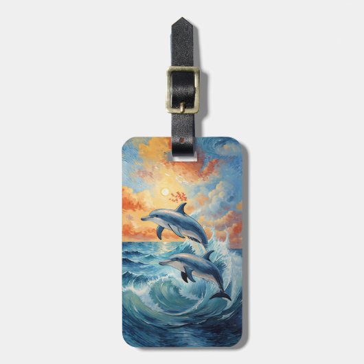 Artistieke Twee Jumping Dolfijnen Sunset Ocean Bagagelabel (Voorkant verticaal)