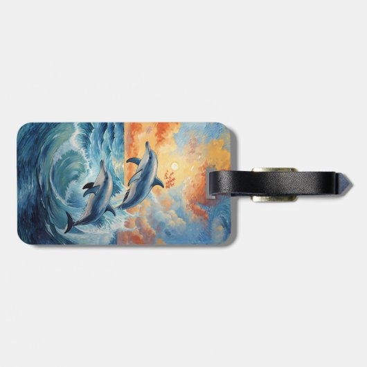 Artistieke Twee Jumping Dolfijnen Sunset Ocean Bagagelabel (Achterkant horizontaal)