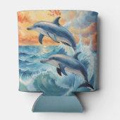 Artistieke Twee Jumping Dolfijnen Sunset Ocean Blikjeskoeler (Achterkant)