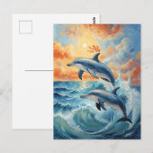 Artistieke Twee Jumping Dolfijnen Sunset Ocean Briefkaart (Voorkant / Achterkant)