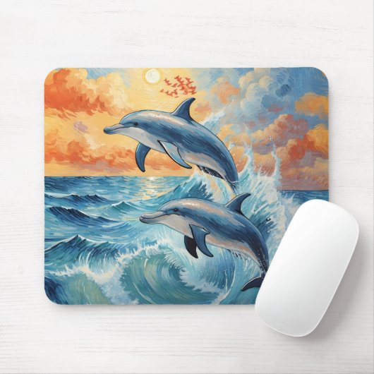 Artistieke Twee Jumping Dolfijnen Sunset Ocean Muismat (Met muis)