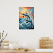 Artistieke Twee Jumping Dolfijnen Sunset Ocean Poster (Keuken)