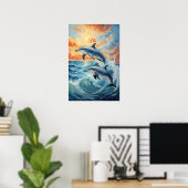 Artistieke Twee Jumping Dolfijnen Sunset Ocean Poster (Thuiskantoor)