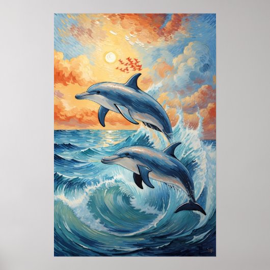 Artistieke Twee Jumping Dolfijnen Sunset Ocean Poster (Voorkant)