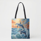 Artistieke Twee Jumping Dolfijnen Sunset Ocean Tote Bag (Voorkant)