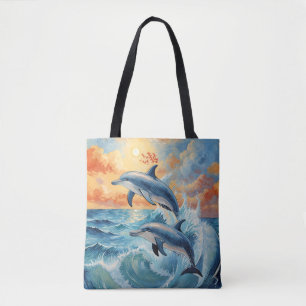 Artistieke Twee Jumping Dolfijnen Sunset Ocean Tote Bag