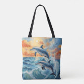 Artistieke Twee Jumping Dolfijnen Sunset Ocean Tote Bag (Achterkant)