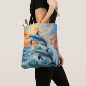 Artistieke Twee Jumping Dolfijnen Sunset Ocean Tote Bag (Dichtbij)