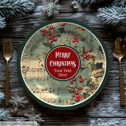Artistieke vintage kerstliederen hulstbessen papieren bordje