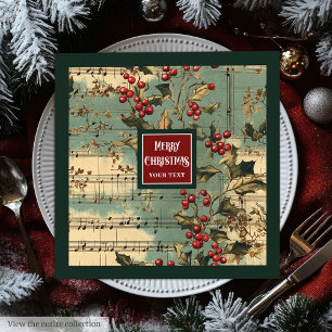 Artistieke vintage kerstmuziek kerstbessen servet