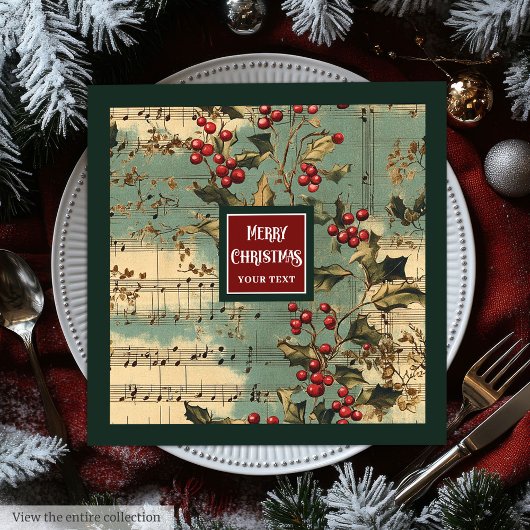 Artistieke vintage kerstmuziek kerstbessen servet