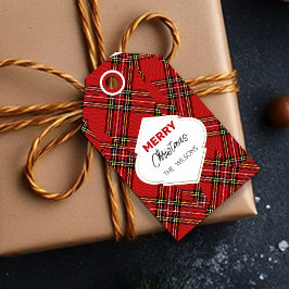 Artistieke Vrolijke Kerstmis Tartan Bourgondië Cadeaulabel