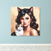 Artistieke vrouw met kat canvas afdruk (Insitu (Houten vloer))