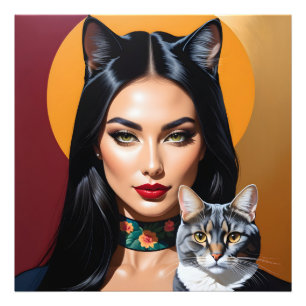 Artistieke vrouw met kat foto afdruk